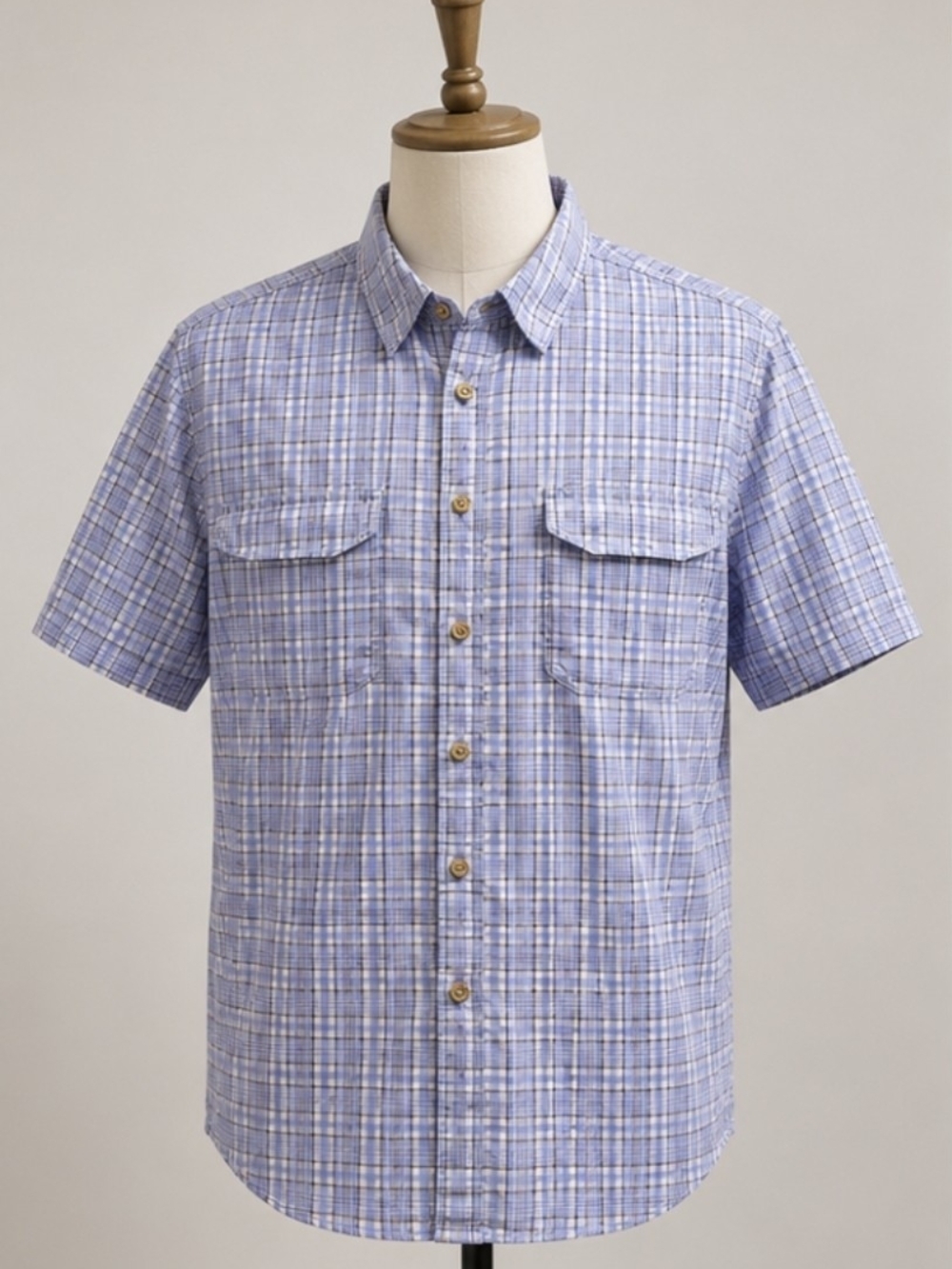 Duluth Womans Short-Sleeve Light Blue Plaid Button-Down Shirt